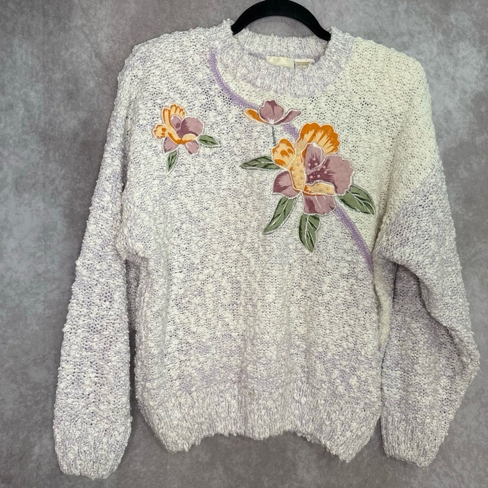 Vintage‎ 80/90s Needles & Yarn Beaded Embroidered Sweater Size L Purple Cream